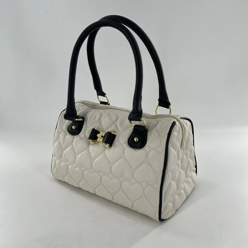 Betsey Johnson Quilted Heart Barrel Satchel Bag Ivory Black Purse Gold Floral